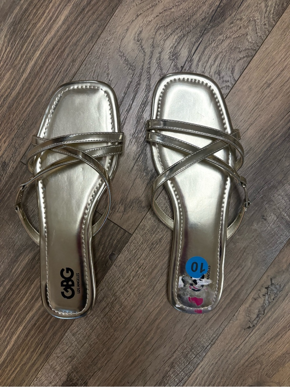 GBG Los Angeles Metallic Gold Crisscross Slide Sandals